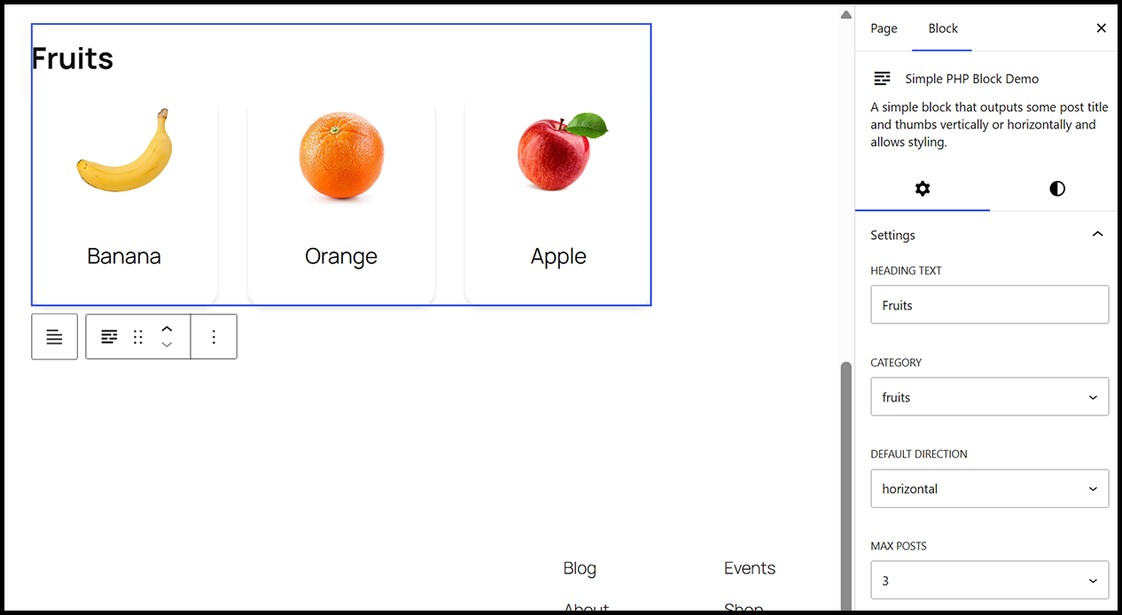 Screen grab of Block admin view