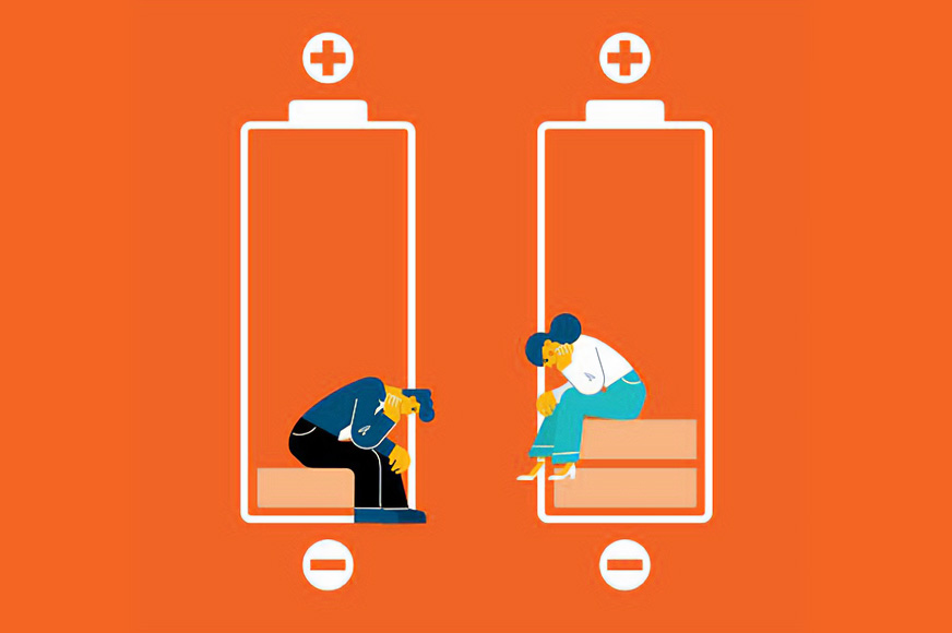 Illustration of a man and a woman sitting in batteries which show low emotional levels.