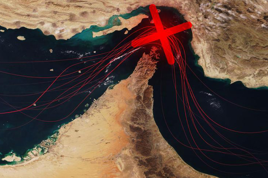 The Strait of Hormuz as seen from space with a red X superimposed to represent it's blocked or closed.