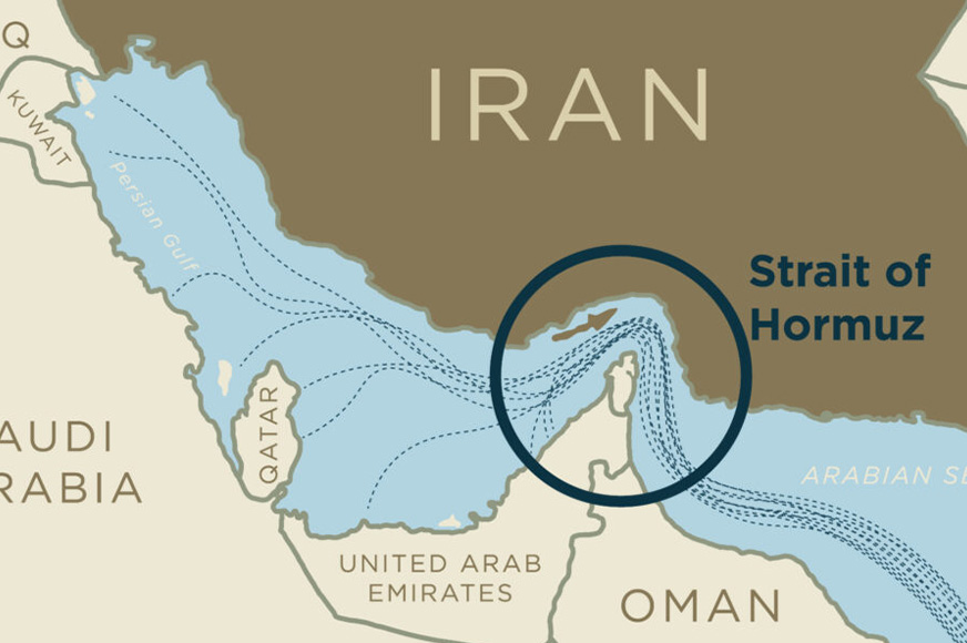 A poltical map of the Strait of Hormuz showing the borders of Iran, Oman and the United Arab Emirates.