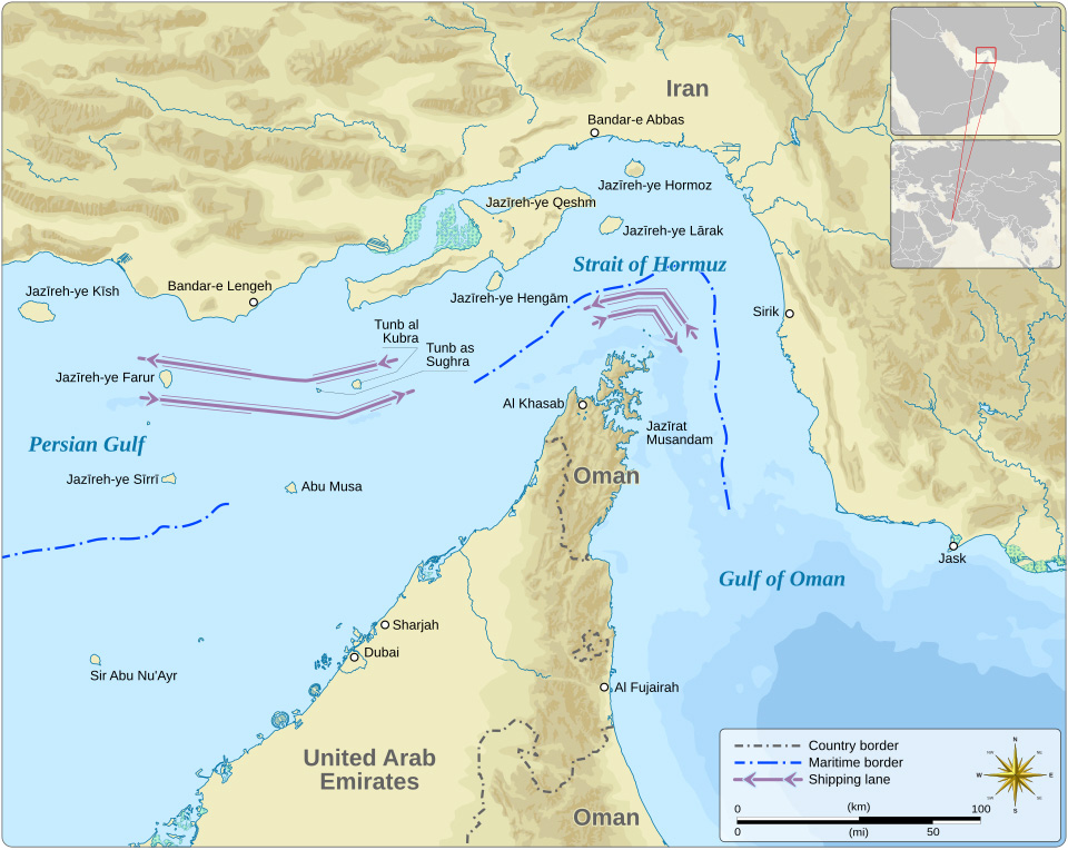 A map showing the shipping lanes of the Strait of Hormuz with arrows indicating direction of travel and borders separating territorial waters.
