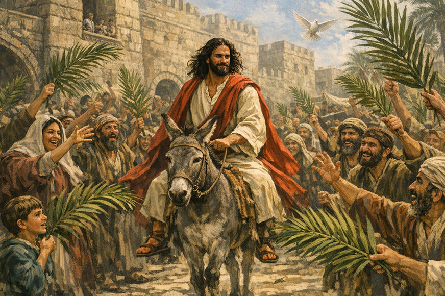 Jesus enters into Jerusalem on Palm Sunday. Crowds of happy people wave palm branches to welcome this King of the Jews.