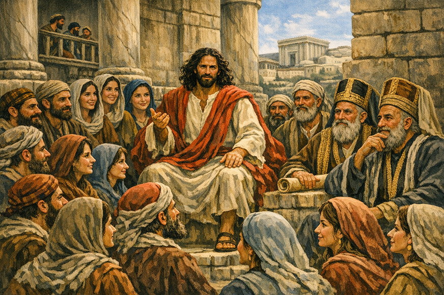 Jesus teaches His disciples and the religious leaders in Jerusalem's temple square.