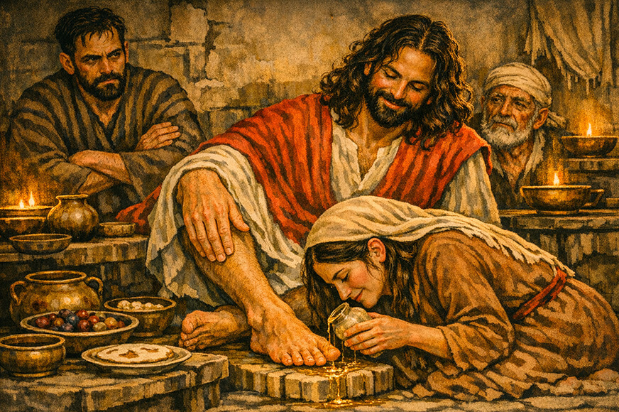 A woman pours expensive perfume over Jesus' feet. Judas Iscariot observes the event with a look of disapproval..