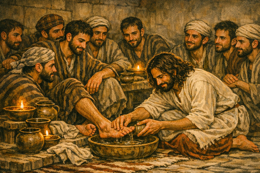 Jesus kneels down to wash His disciples feet over a basin of water at the Last Supper.