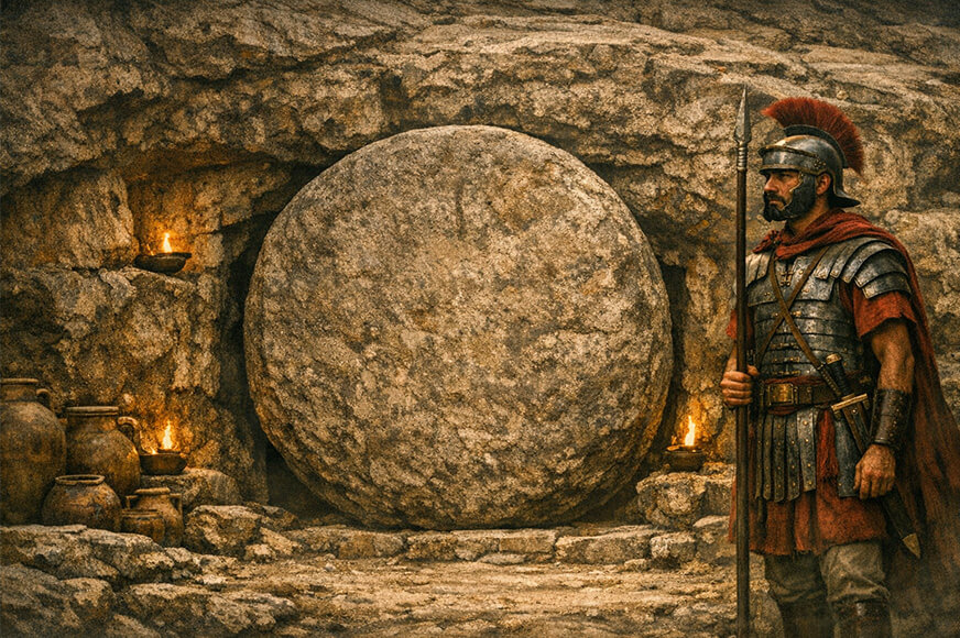 A tomb sealed shut with a round stone. A Roman solider stands watch.