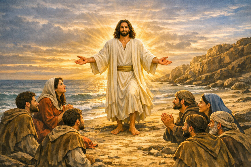 A resurrected Jesus appears to His disciples at the beach.