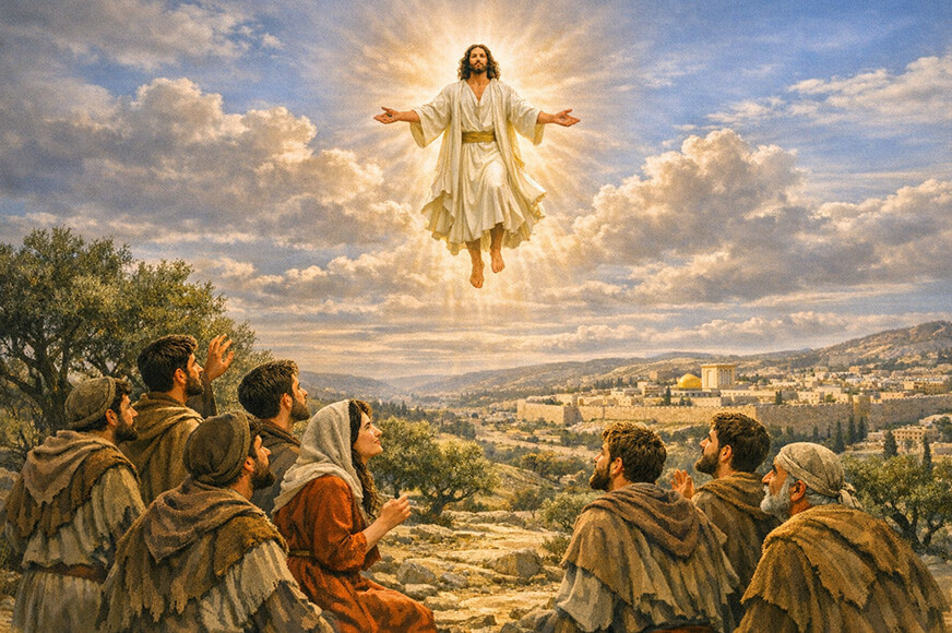 Jesus' disciples watch Him ascend to heaven at the Mount of Olives, glorified and glowing in bright light.