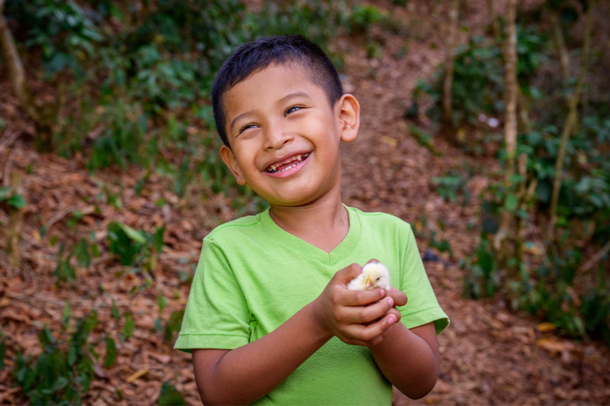 A young boy smiles as he holds a chick in his hands.