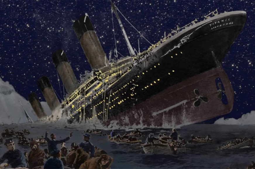 An artist's illustration of the sinking of RMS Titanic