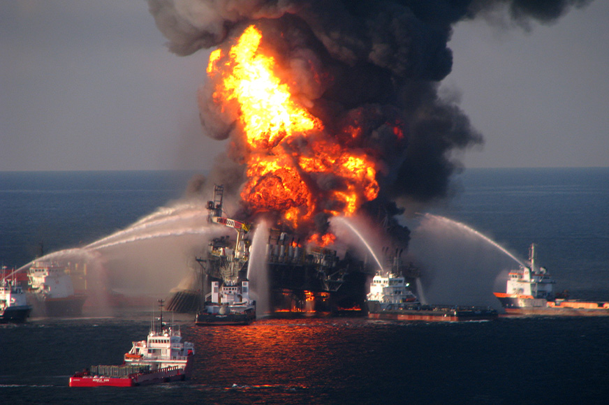 Firefighters tackle a blaze on the Deepwater Horizon oil rig