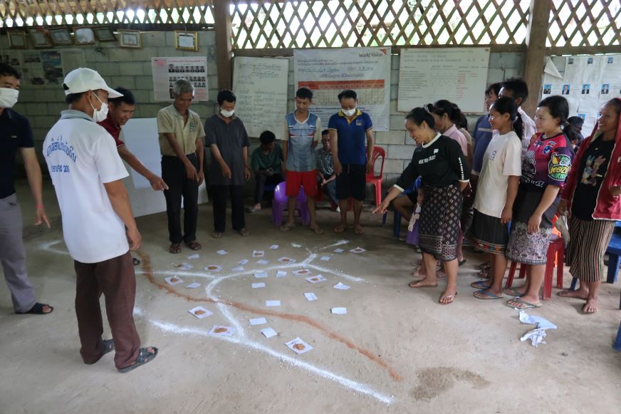 In Laos, community members sketch a map of their local area on the ground. Pieces of paper indicate dwellings.