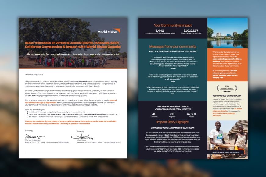 A customized riding impact report example shows the correspondence political candidates received ahead of the 2025 federal election in 10 ridings.