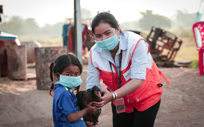 A woman wearing a safety mask and an orange and white vest helps a little girl hold a chicken.