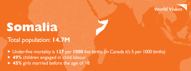 an orange map of Africa with Somalia highlighted in white and a list of statistics about Somalia.