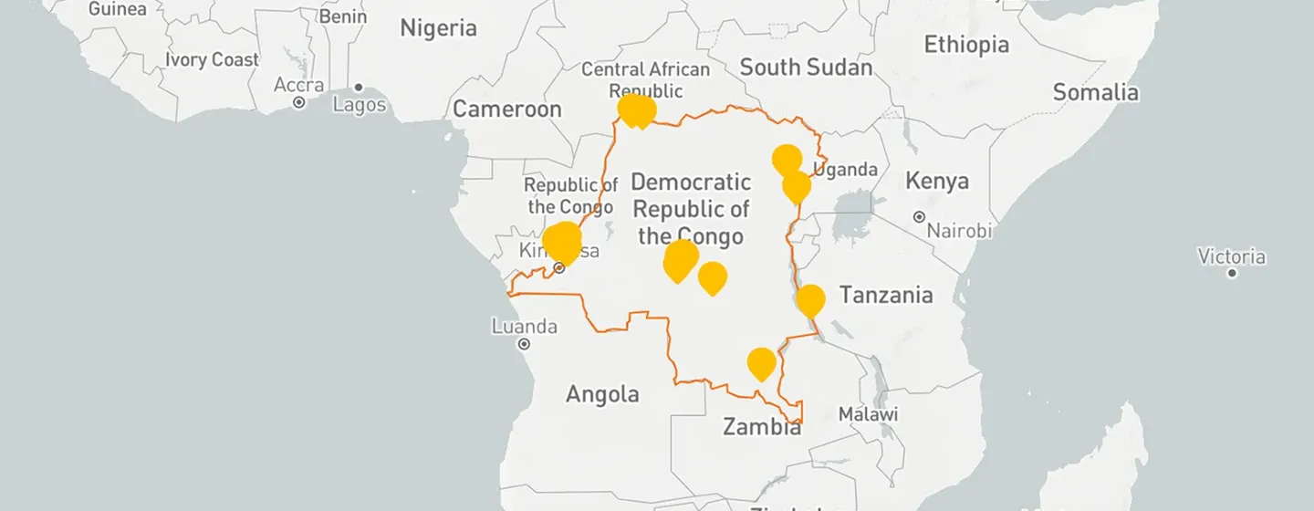 A map of DRC showing several locations where World Vision made an impact.
