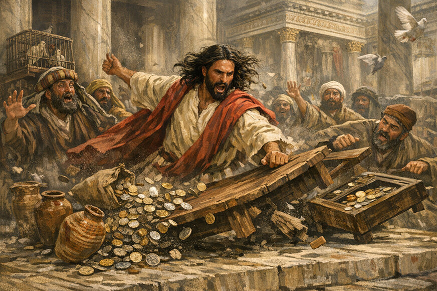 Dans un élan de juste colère, Jésus renverse les tables des changeurs au temple de Jérusalem.