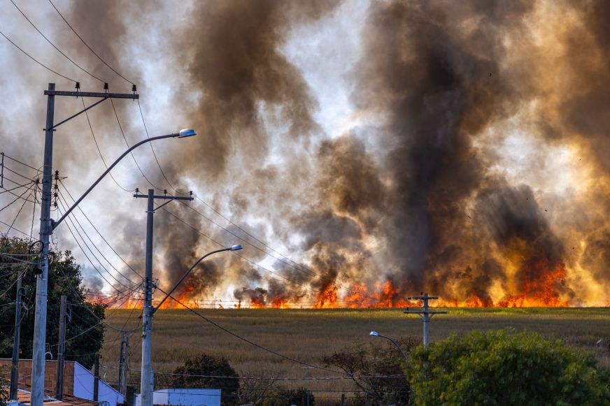 Flames stretch along the edge of an open field, while utility poles, power lines, and streetlights stand in the foreground.