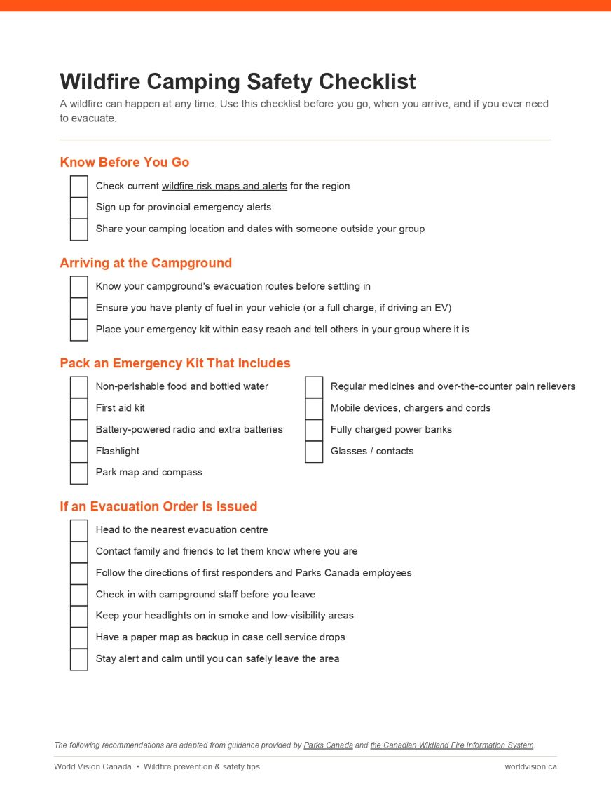 Wildfire camping safety checklist
