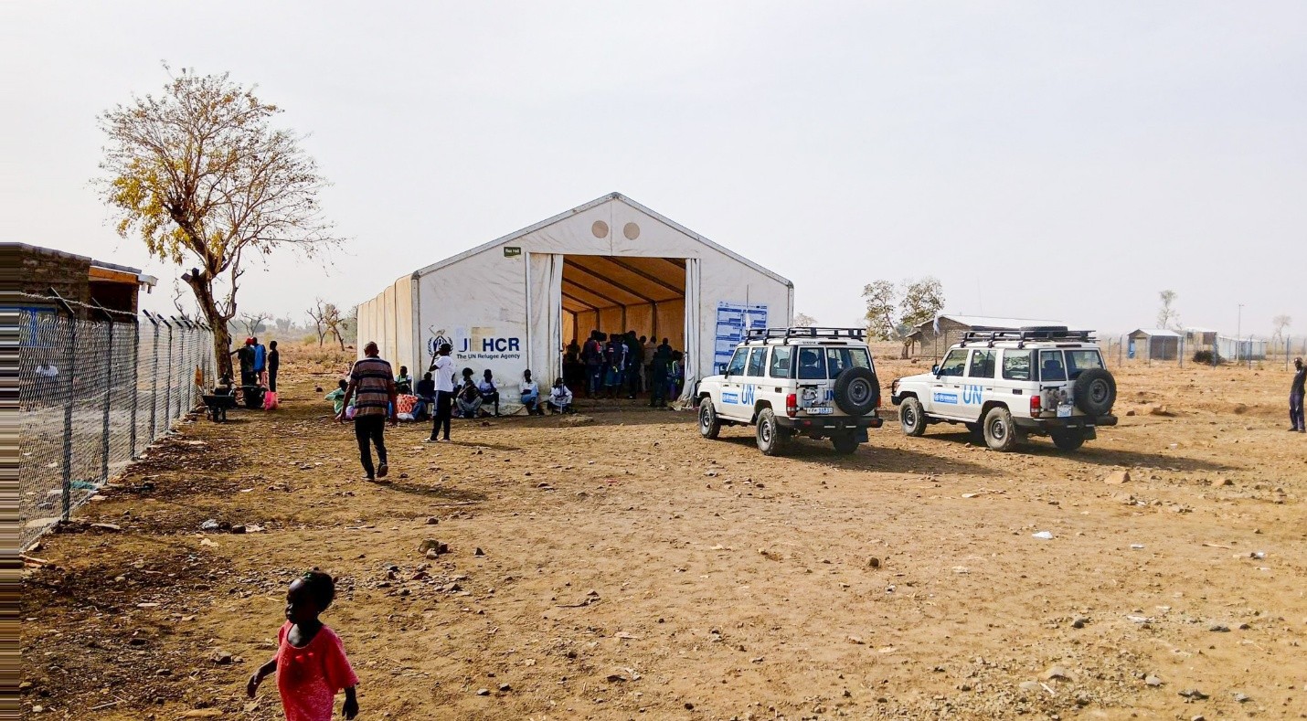 A food distribution site in a refugee camp