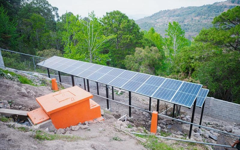 A bird’s eye view of a solar powered water filtration system.