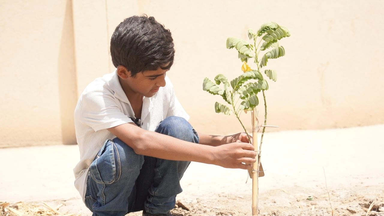Portrait of Momen (horizontal) at a school tree planting activity in Al Chibayish and Nasiriyah, Thi Qar,  Iraq.