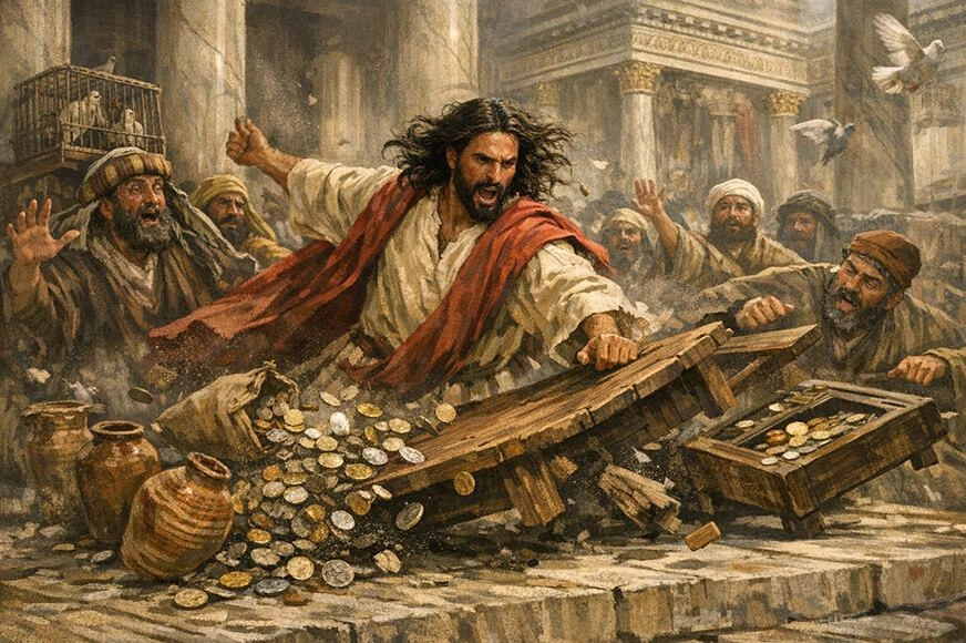 Righteously angry, Jesus flips the tables of the money changers at the temple in Jerusalem.