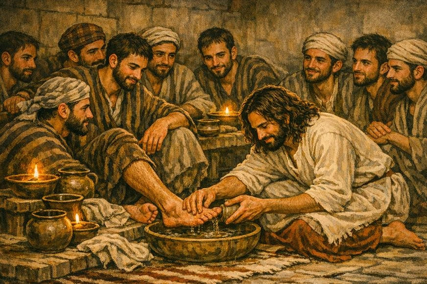 Jesus kneels down to wash His disciples feet over a basin of water at the Last Supper.