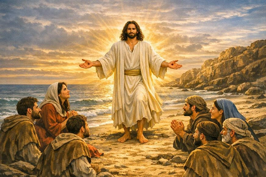 A resurrected Jesus appears to His disciples at the beach.