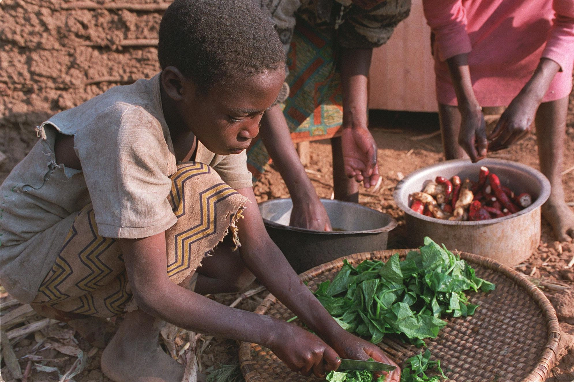 Three children wash and chop vegetables.