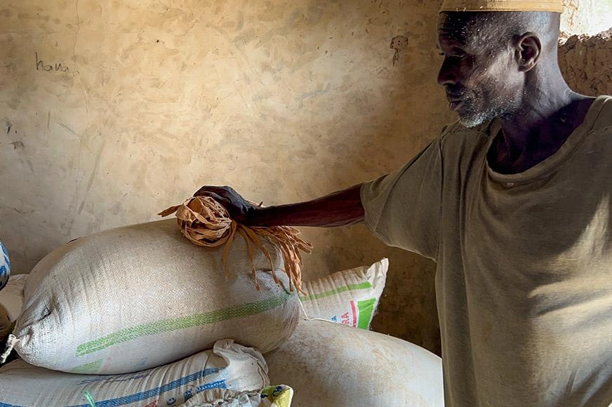 Hunger-cereal-bank-man-near-grain-bags