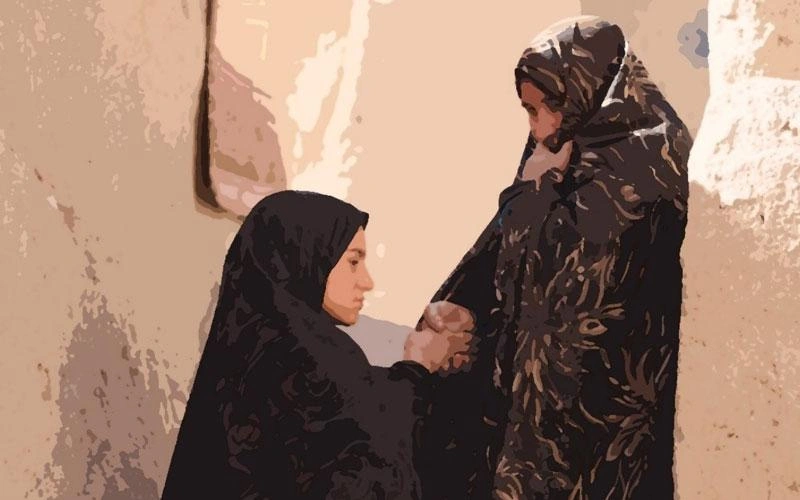 Altered photograph of a 12-year-old girl kneeling to hold the hand of a woman.