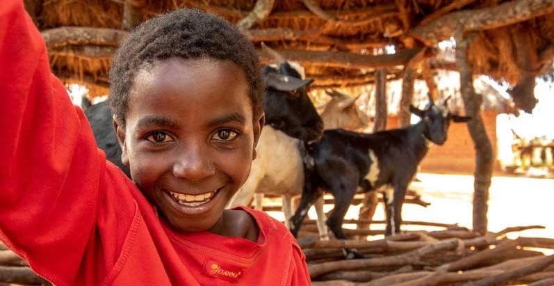 An eight-year-old boy in a red sweatshirt raises his arm in celebration. He’s standing in front of a small pen with three goats.