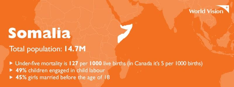an orange map of Africa with Somalia highlighted in white and a list of statistics about Somalia.