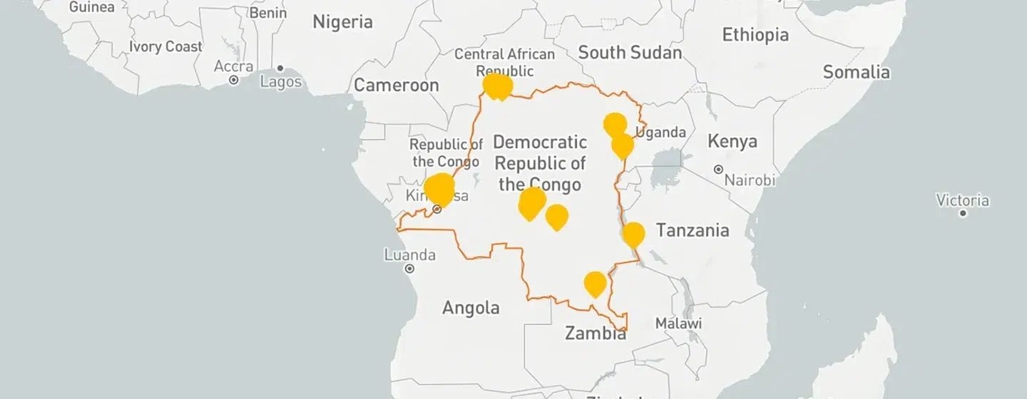 A map of DRC showing several locations where World Vision made an impact.
