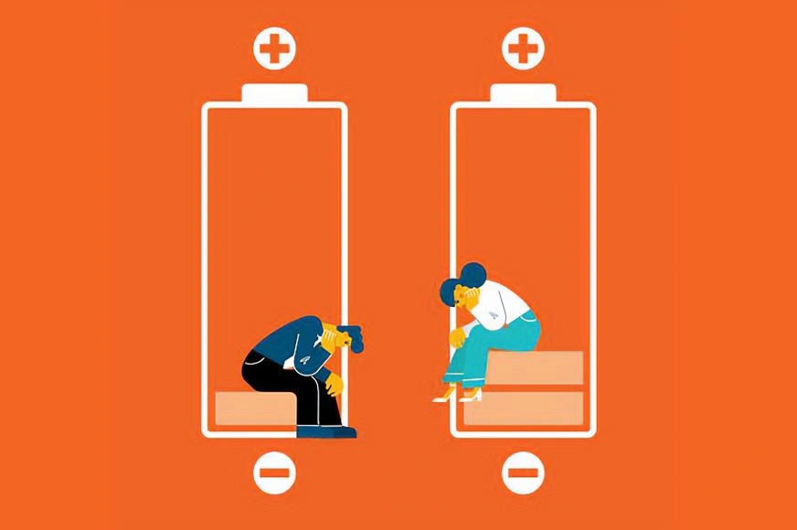 Illustration représentant un homme et une femme assis dans des « batteries » qui traduisent de faibles niveaux émotionnels.