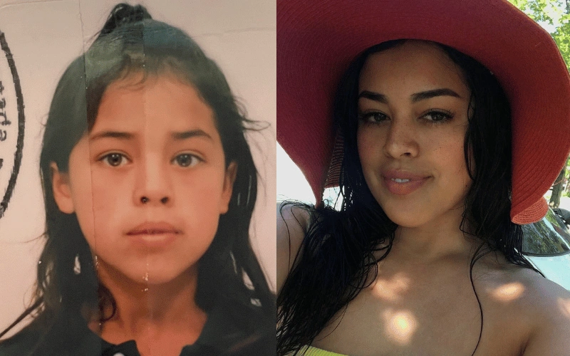 Deux photos sont présentées côte à côte : Milena à l'époque où elle bénéficiait d'un parrainage d'enfant, à gauche, et elle aujourd'hui, à l'âge adulte, à droite.