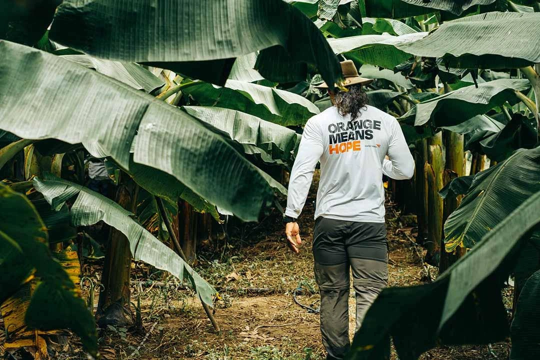 Un employé de World Vision marche dans un champ verdoyant; son chandail porte l'inscription « L'orange, c'est l'espoir » ainsi que le logo de World Vision.