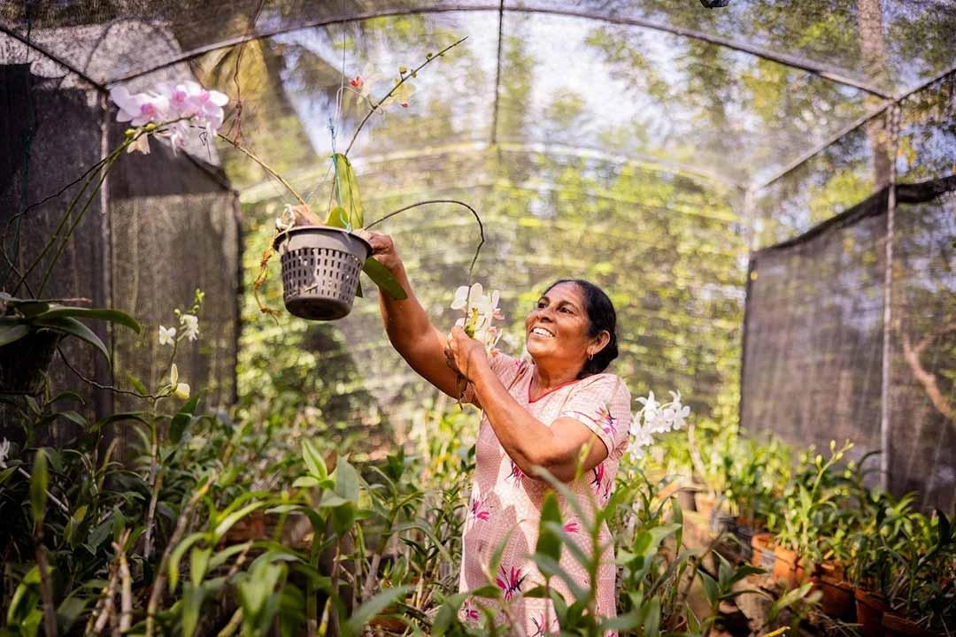Une femme sourit et arrose les plantes de son jardin.