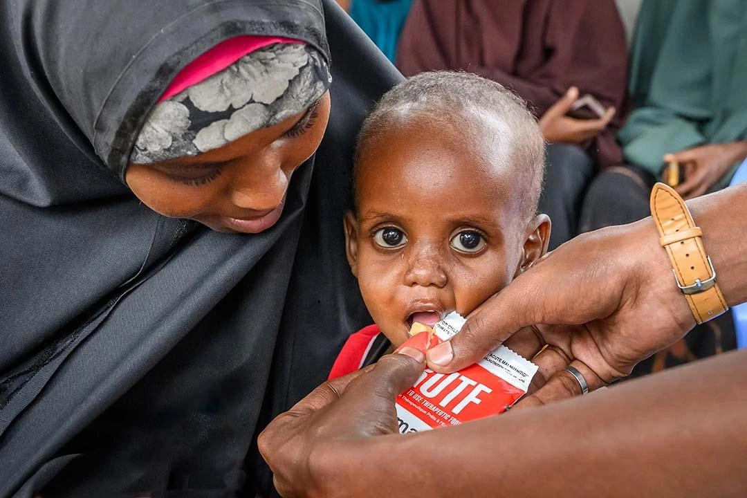 Un tout petit enfant mange un sachet de nourriture prête à l'emploi.