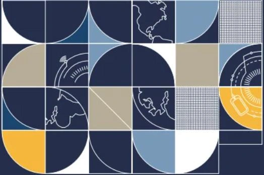 A navy picture with a graphic of an artistic deconstructed world.
