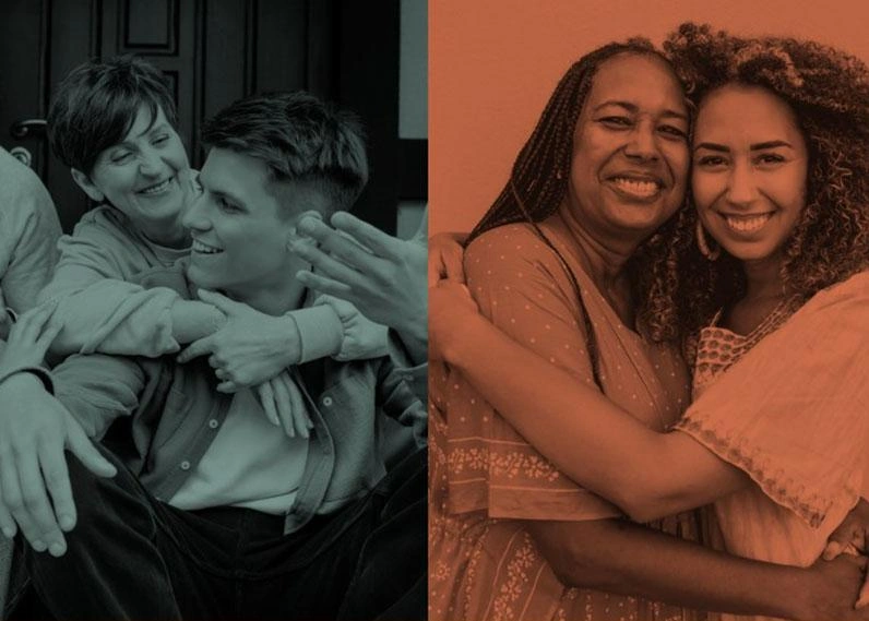 Two pictures side by side of two different pictures with their gen Z children.
