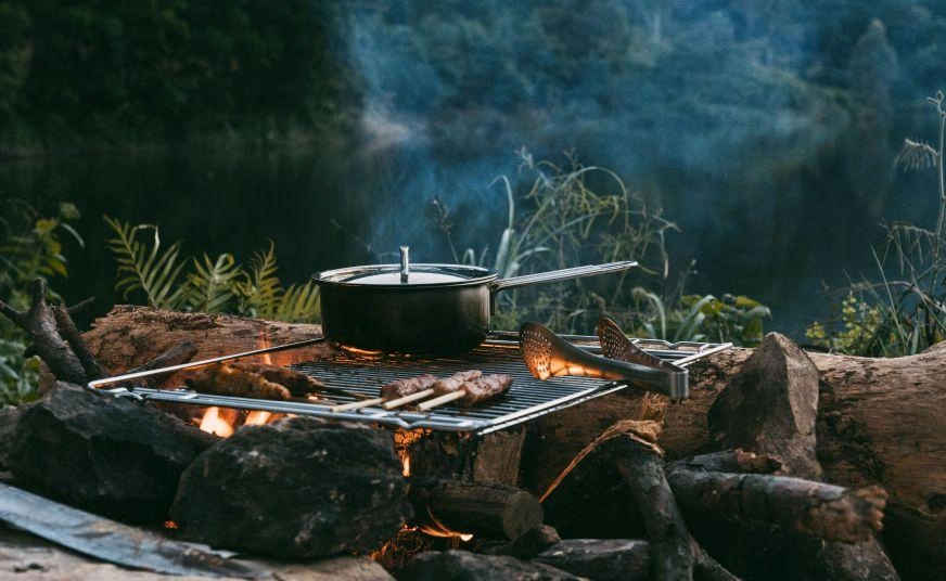 Campfire cooking beside a lake, with a pot and food grilling over an open flame surrounded by rocks.