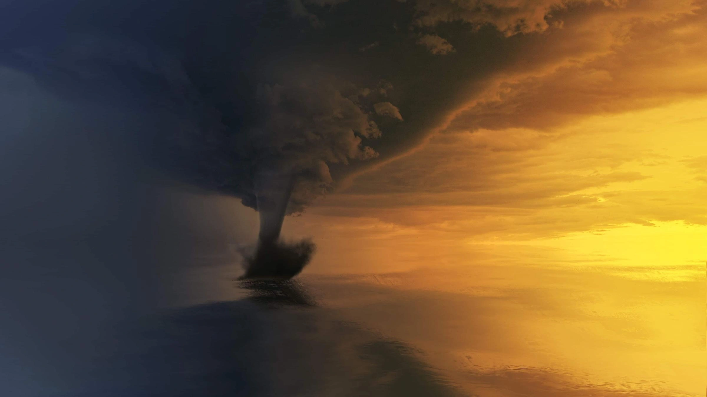 A powerful Cyclone over the ocean during a dramatic sunset, capturing the storm's intensity and beauty.