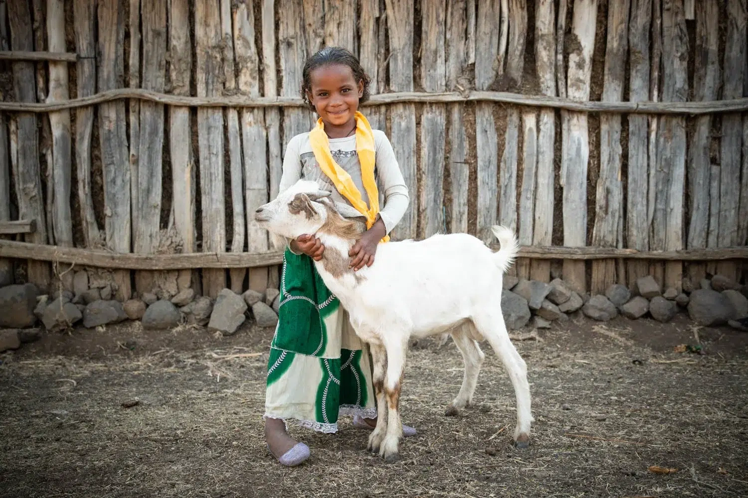 Young girl stands in front of a goat and smiling