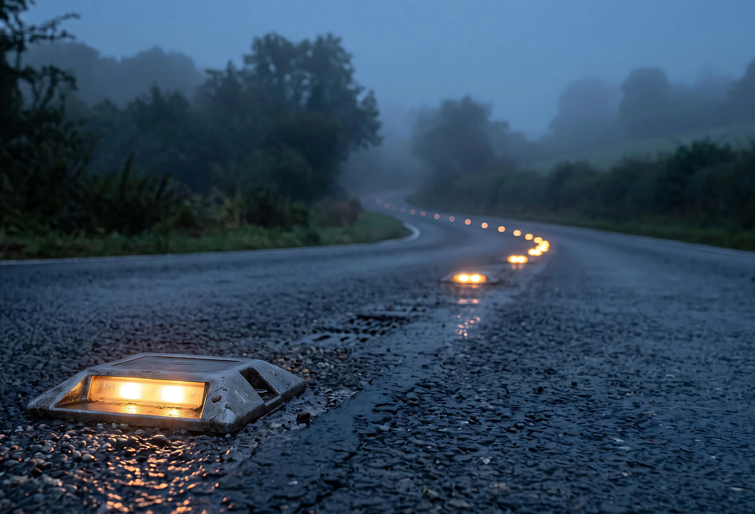 A camera at road level shows a trail of bright reflectors running away from us into the darkness, along the centre line of the road.