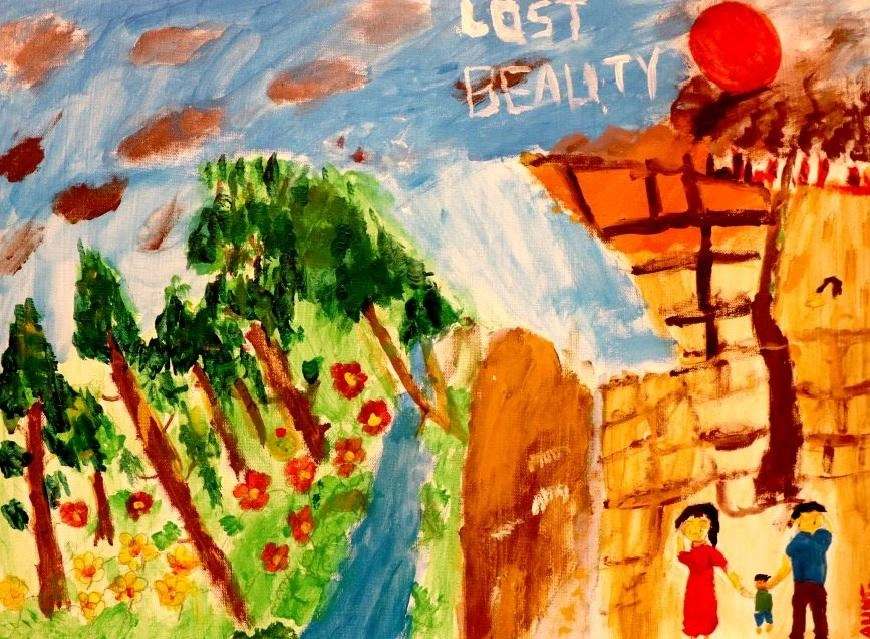 A “before and after” creation shows a green, verdant forest to the left, and a scorched setting to the right. The words “lost beauty” are painted above.