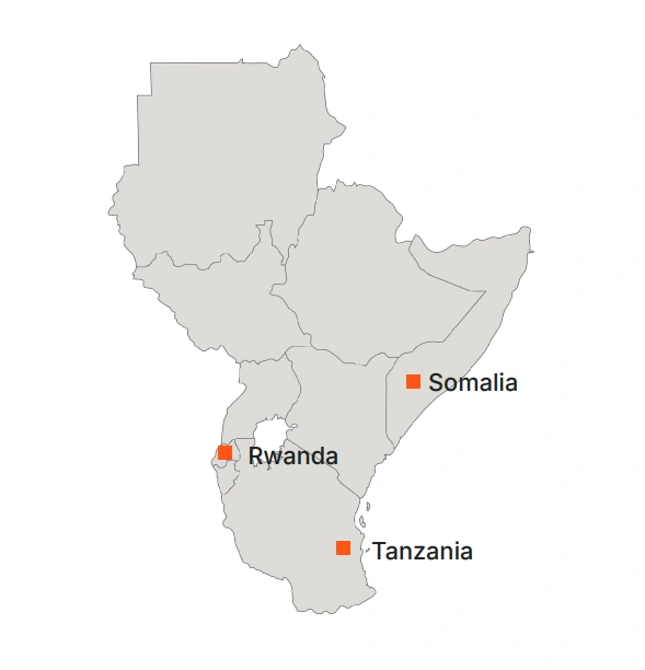 Map of East Africa, highlighting Rwanda, Somalia, and Tanzania