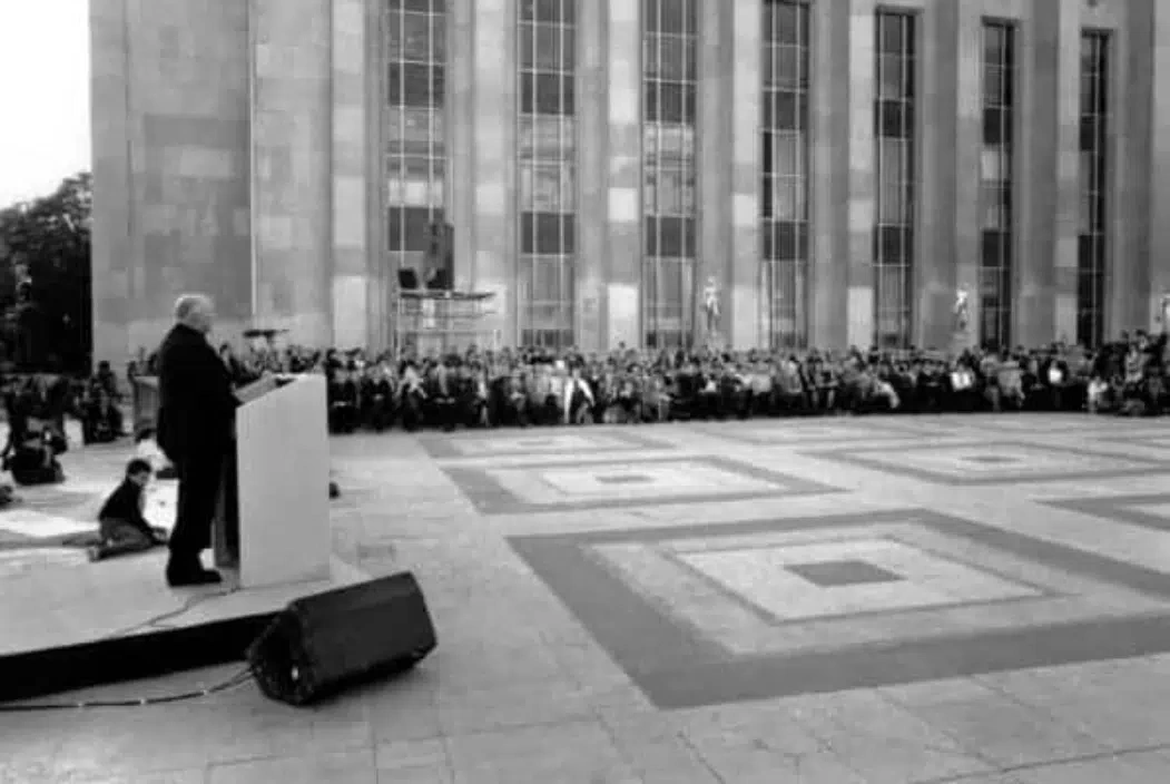 Father Joseph Wresinksi speaking at the Trocadero on October 17, 1987.