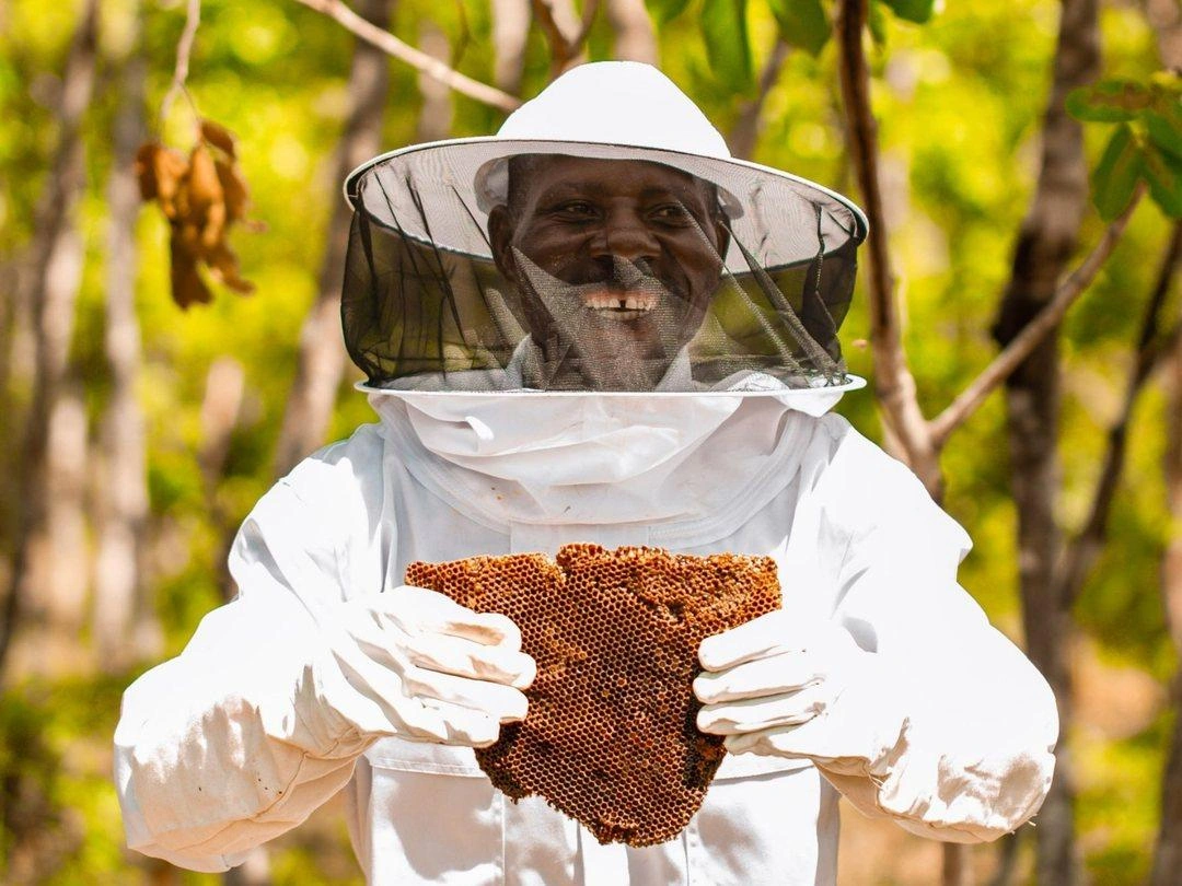 A smiling man in a white beekeeper suit holds a honeycomb.
